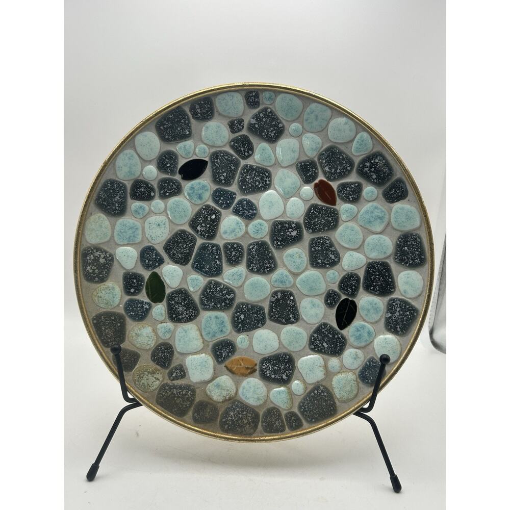 Mid Century Tile Tray Wall Decor Round Turquoise And Black Mosaic Pebbles
